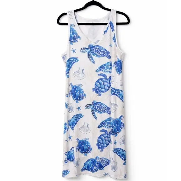 4 for $20 Swim Cover Up Dress M Blue Sea Turtle Coastal Beach Tank Dress - Picture 1 of 4